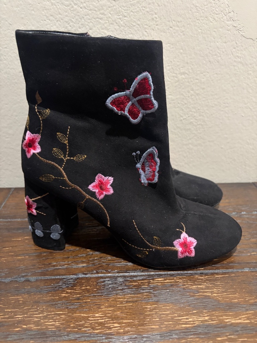Nanette Lepore Black Suede Embroidered Floral & Butterfly Ankle Boots